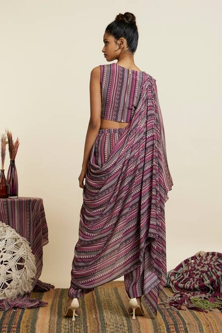 Shop Sva By Sonam & Paras Modi Multi Color Crepe Printed Boho Stripes Cowl Neck Draped Crop Top And Pant Set at Aza Fashions Shop_Sva By Sonam & Paras Modi_Multi Color Crepe Printed Boho Stripes Cowl Neck Draped Crop Top And Pant Set_at_Aza_Fashions