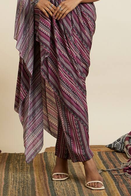 Sva By Sonam & Paras Modi Multi Color Crepe Printed Boho Stripes Cowl Neck Draped Crop Top And Pant Set Online at Aza Fashions Sva By Sonam & Paras Modi_Multi Color Crepe Printed Boho Stripes Cowl Neck Draped Crop Top And Pant Set_Online_at_Aza_Fashions