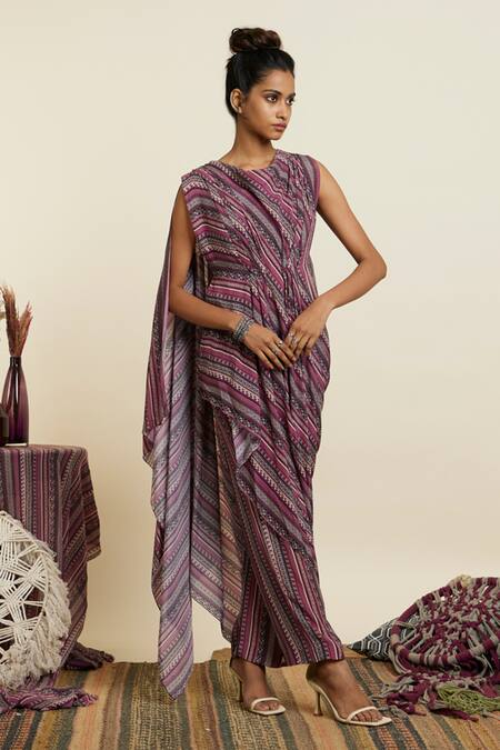 Shop Sva By Sonam & Paras Modi Multi Color Crepe Printed Boho Stripes Cowl Neck Draped Crop Top And Pant Set Online at Aza Fashions Shop_Sva By Sonam & Paras Modi_Multi Color Crepe Printed Boho Stripes Cowl Neck Draped Crop Top And Pant Set_Online_at_Aza_Fashions