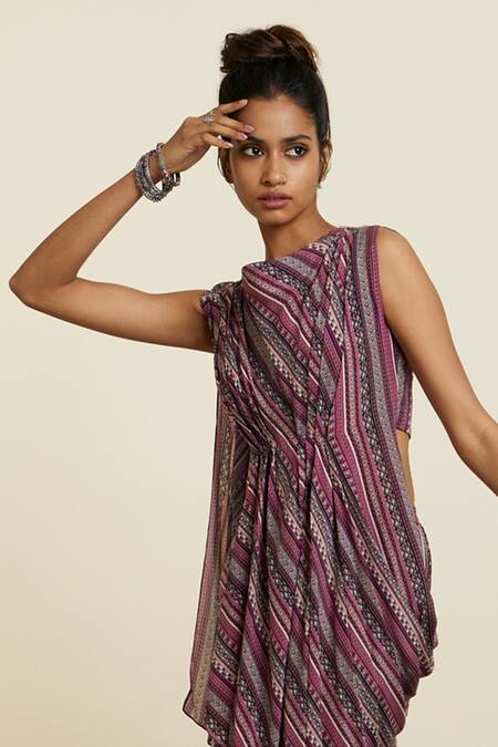 Sva By Sonam & Paras Modi Multi Color Crepe Printed Boho Stripes Cowl Neck Draped Crop Top And Pant Set at Aza Fashions Sva By Sonam & Paras Modi_Multi Color Crepe Printed Boho Stripes Cowl Neck Draped Crop Top And Pant Set_at_Aza_Fashions