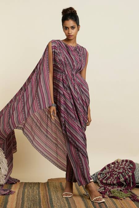 Buy Sva By Sonam & Paras Modi Multi Color Crepe Printed Boho Stripes Cowl Neck Draped Crop Top And Pant Set Buy_Sva By Sonam & Paras Modi_Multi Color Crepe Printed Boho Stripes Cowl Neck Draped Crop Top And Pant Set