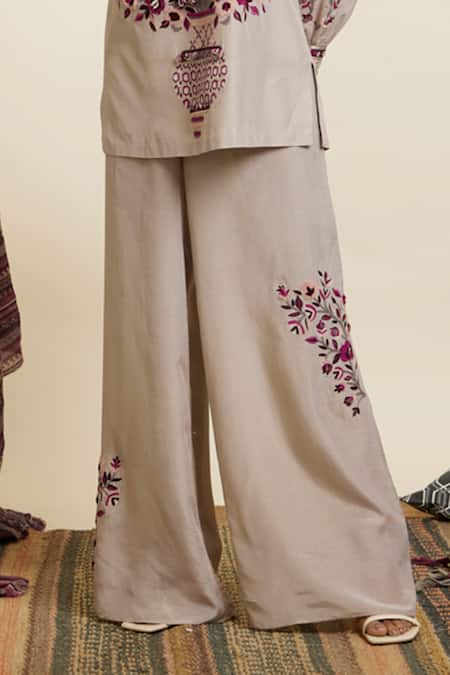 Sva By Sonam & Paras Modi_Grey Crepe Embroidered Thread Frill Neck Top And Pant Set_Online_at_Aza_Fashions