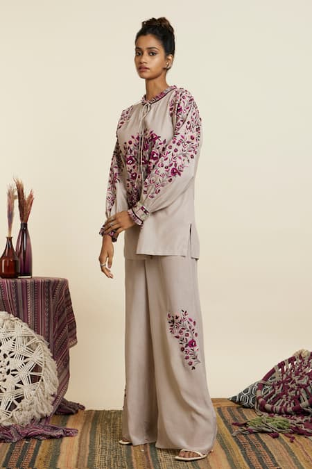 Buy_Sva By Sonam & Paras Modi_Grey Crepe Embroidered Thread Frill Neck Top And Pant Set_Online_at_Aza_Fashions