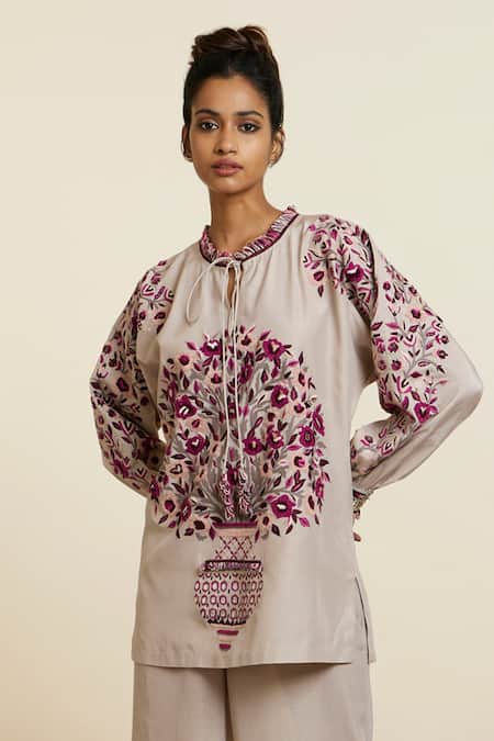 Sva By Sonam & Paras Modi_Grey Crepe Embroidered Thread Frill Neck Top And Pant Set_at_Aza_Fashions