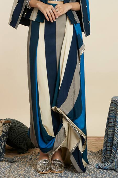 Sva By Sonam & Paras Modi Blue Crepe Woven And Embellished Stripe Pattern Jacket Open Draped Skirt Set Online at Aza Fashions Sva By Sonam & Paras Modi_Blue Crepe Woven And Embellished Stripe Pattern Jacket Open Draped Skirt Set_Online_at_Aza_Fashions