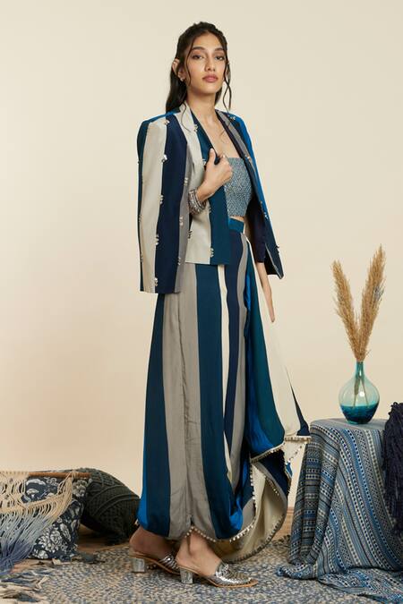 Buy Sva By Sonam & Paras Modi Blue Crepe Woven And Embellished Stripe Pattern Jacket Open Draped Skirt Set Online at Aza Fashions Buy_Sva By Sonam & Paras Modi_Blue Crepe Woven And Embellished Stripe Pattern Jacket Open Draped Skirt Set_Online_at_Aza_Fashions