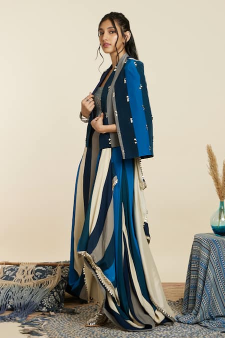 Shop Sva By Sonam & Paras Modi Blue Crepe Woven And Embellished Stripe Pattern Jacket Open Draped Skirt Set Online at Aza Fashions Shop_Sva By Sonam & Paras Modi_Blue Crepe Woven And Embellished Stripe Pattern Jacket Open Draped Skirt Set_Online_at_Aza_Fashions