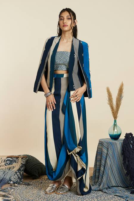 Sva By Sonam & Paras Modi Blue Crepe Woven And Embellished Stripe Pattern Jacket Open Draped Skirt Set at Aza Fashions Sva By Sonam & Paras Modi_Blue Crepe Woven And Embellished Stripe Pattern Jacket Open Draped Skirt Set_at_Aza_Fashions