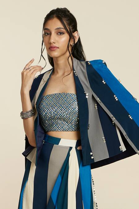 Buy Sva By Sonam & Paras Modi Blue Crepe Woven And Embellished Stripe Pattern Jacket Open Draped Skirt Set Buy_Sva By Sonam & Paras Modi_Blue Crepe Woven And Embellished Stripe Pattern Jacket Open Draped Skirt Set