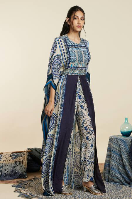 Buy_Sva By Sonam & Paras Modi_Blue Crepe Woven And Embellished Moroccan Pattern Round Neck & Kaftan_Online_at_Aza_Fashions