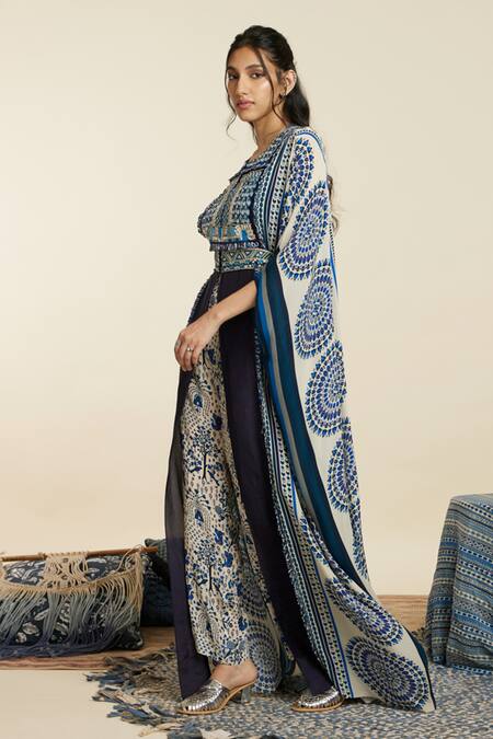 Shop_Sva By Sonam & Paras Modi_Blue Crepe Woven And Embellished Moroccan Pattern Round Neck & Kaftan_Online_at_Aza_Fashions