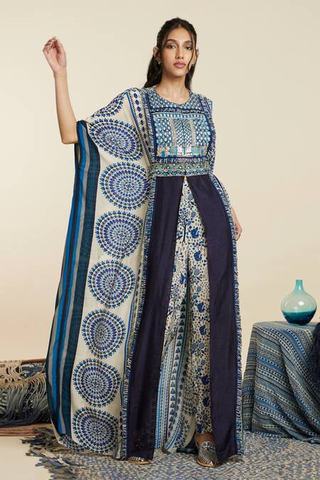 Sva By Sonam & Paras Modi_Blue Crepe Woven And Embellished Moroccan Pattern Round Neck & Kaftan_at_Aza_Fashions