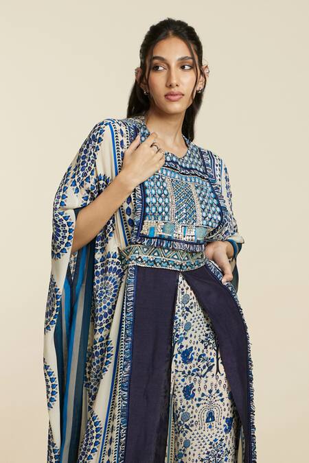 Buy_Sva By Sonam & Paras Modi_Blue Crepe Woven And Embellished Moroccan Pattern Round Neck & Kaftan