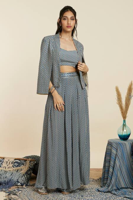 Sva By Sonam & Paras Modi_Blue Crepe Printed And Embellished Geo Jacket Open Pleated Pant Set_Online_at_Aza_Fashions