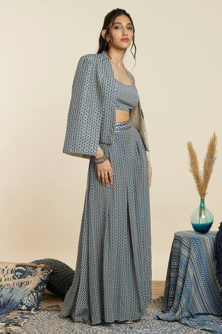 Buy_Sva By Sonam & Paras Modi_Blue Crepe Printed And Embellished Geo Jacket Open Pleated Pant Set_Online_at_Aza_Fashions