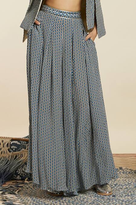 Shop_Sva By Sonam & Paras Modi_Blue Crepe Printed And Embellished Geo Jacket Open Pleated Pant Set_Online_at_Aza_Fashions