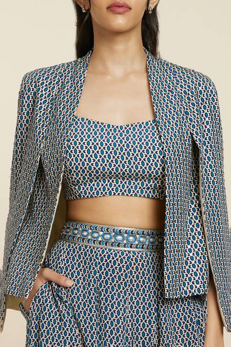 Sva By Sonam & Paras Modi_Blue Crepe Printed And Embellished Geo Jacket Open Pleated Pant Set_at_Aza_Fashions