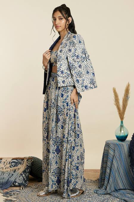 Buy_Sva By Sonam & Paras Modi_Blue Crepe Printed And Embellished Garden Jaal Jacket Open Pant Set_Online_at_Aza_Fashions