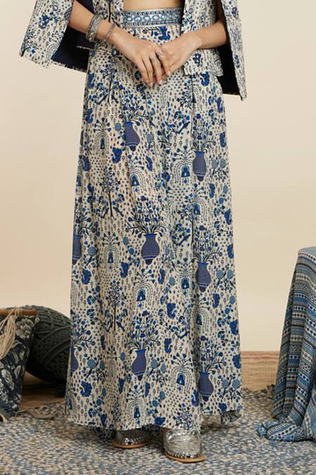 Shop_Sva By Sonam & Paras Modi_Blue Crepe Printed And Embellished Garden Jaal Jacket Open Pant Set_Online_at_Aza_Fashions