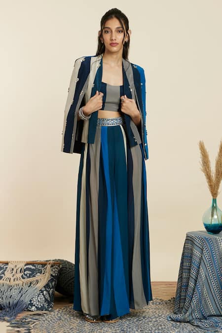Sva By Sonam & Paras Modi Blue Stripe Print Jacket & Pant Set 