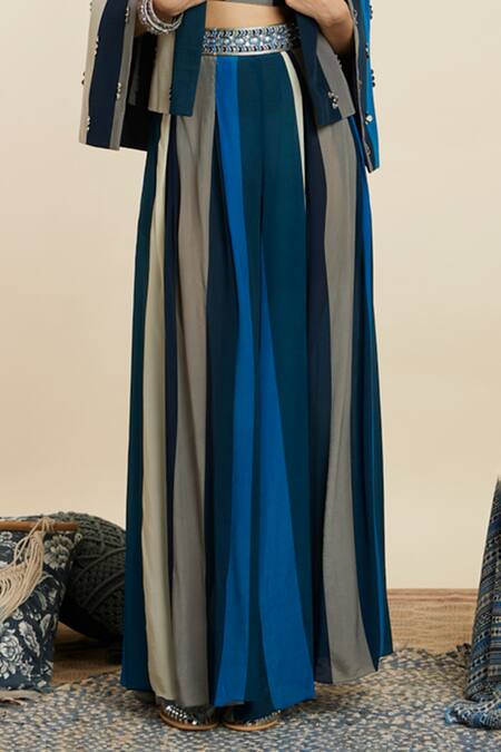 Sva By Sonam & Paras Modi_Blue Crepe Sequins, Cut Work Open Neck, Round Stripe Print Jacket And Pant Set_Online_at_Aza_Fashions