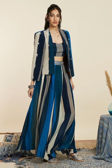 Buy_Sva By Sonam & Paras Modi_Blue Crepe Sequins, Cut Work Open Neck, Round Stripe Print Jacket And Pant Set_Online_at_Aza_Fashions