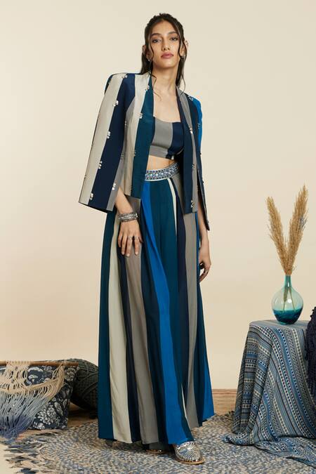 Shop_Sva By Sonam & Paras Modi_Blue Crepe Sequins, Cut Work Open Neck, Round Stripe Print Jacket And Pant Set_Online_at_Aza_Fashions