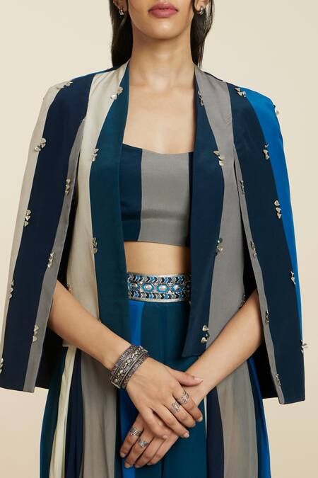 Sva By Sonam & Paras Modi_Blue Crepe Sequins, Cut Work Open Neck, Round Stripe Print Jacket And Pant Set_at_Aza_Fashions