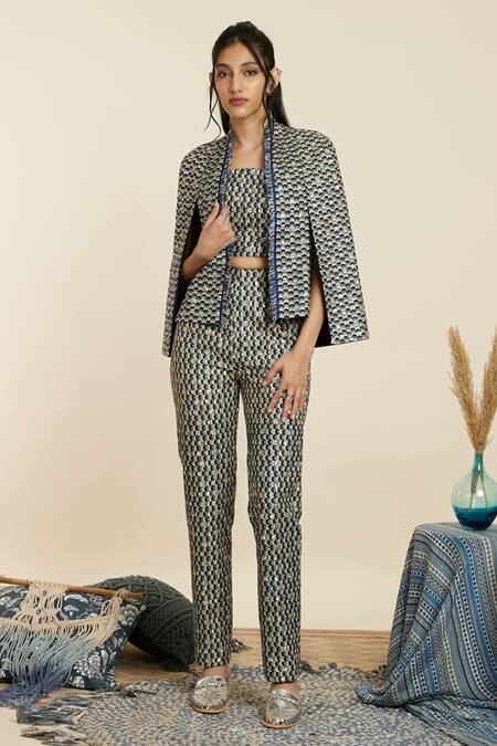 Sva By Sonam & Paras Modi_Blue Crepe Printed And Embellished Scallop Jacket Open Pant Set_Online_at_Aza_Fashions