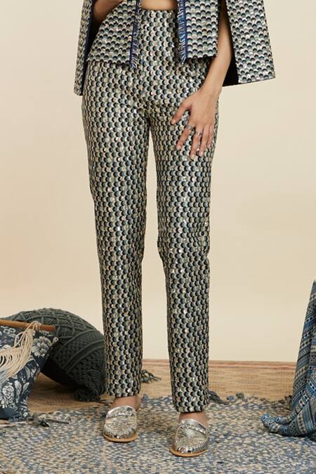 Buy_Sva By Sonam & Paras Modi_Blue Crepe Printed And Embellished Scallop Jacket Open Pant Set_Online_at_Aza_Fashions