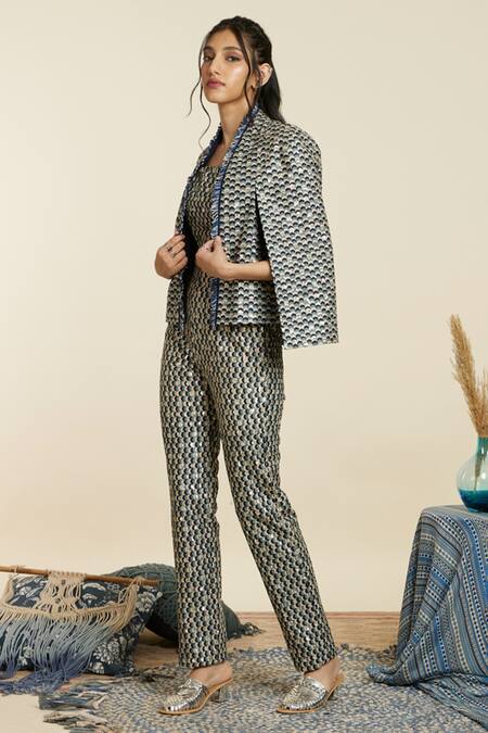 Shop_Sva By Sonam & Paras Modi_Blue Crepe Printed And Embellished Scallop Jacket Open Pant Set_Online_at_Aza_Fashions