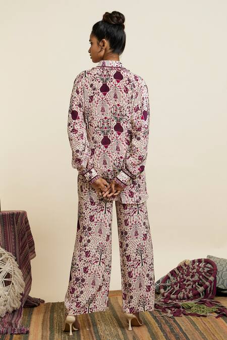 Shop Sva By Sonam & Paras Modi Wine Crepe Printed And Embellished Garden Jaal & Thread Shirt & Pant Set at Aza Fashions Shop_Sva By Sonam & Paras Modi_Wine Crepe Printed And Embellished Garden Jaal & Thread Shirt & Pant Set_at_Aza_Fashions