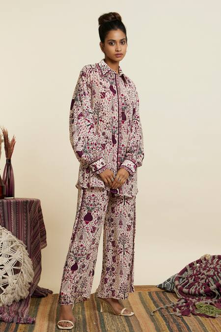 Buy Sva By Sonam & Paras Modi Wine Crepe Printed And Embellished Garden Jaal & Thread Shirt & Pant Set Online at Aza Fashions Buy_Sva By Sonam & Paras Modi_Wine Crepe Printed And Embellished Garden Jaal & Thread Shirt & Pant Set_Online_at_Aza_Fashions
