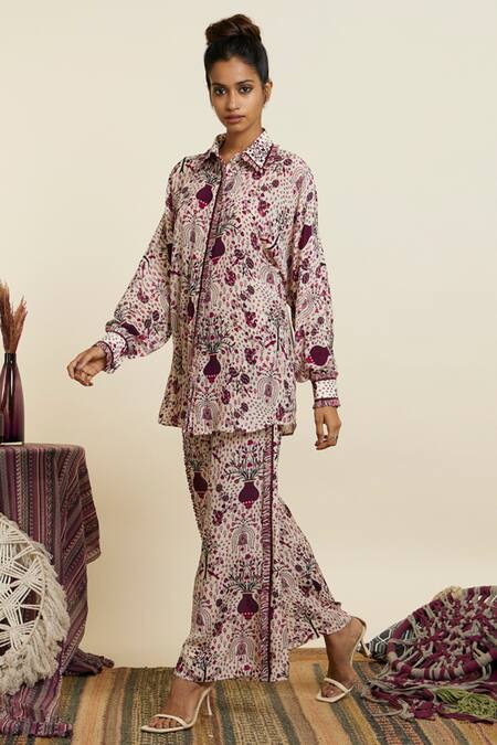 Shop Sva By Sonam & Paras Modi Wine Crepe Printed And Embellished Garden Jaal & Thread Shirt & Pant Set Online at Aza Fashions Shop_Sva By Sonam & Paras Modi_Wine Crepe Printed And Embellished Garden Jaal & Thread Shirt & Pant Set_Online_at_Aza_Fashions