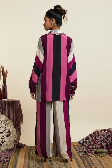 SVA by Sonam & Paras Modi Wine Crepe Printed And Embellished Stripe & Shirt & Pant Set   2