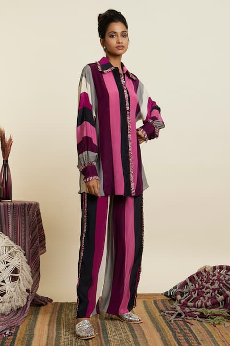 SVA by Sonam & Paras Modi Wine Crepe Printed And Embellished Stripe & Shirt & Pant Set   4