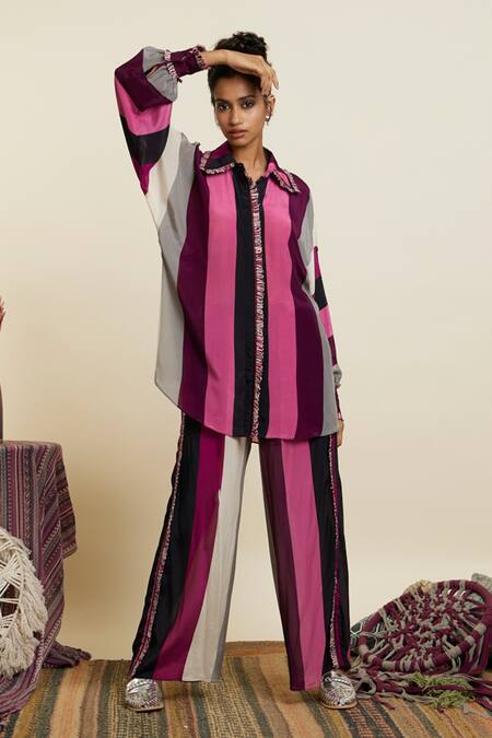 SVA by Sonam & Paras Modi Wine Crepe Printed And Embellished Stripe & Shirt & Pant Set   5