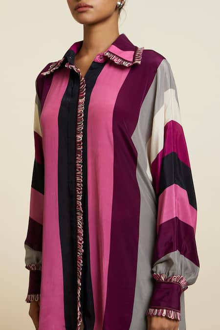 SVA by Sonam & Paras Modi Wine Crepe Printed And Embellished Stripe & Shirt & Pant Set   6