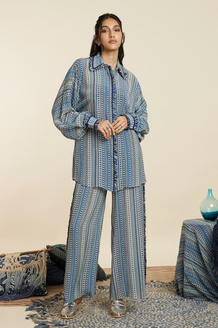 SVA by Sonam & Paras Modi Blue Crepe Printed And Embellished Boho Stripe & Thread Shirt & Pant Set