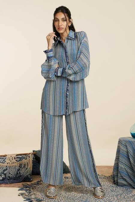 Sva By Sonam & Paras Modi_Blue Crepe Printed And Embellished Boho Stripe & Thread Shirt & Pant Set_Online_at_Aza_Fashions