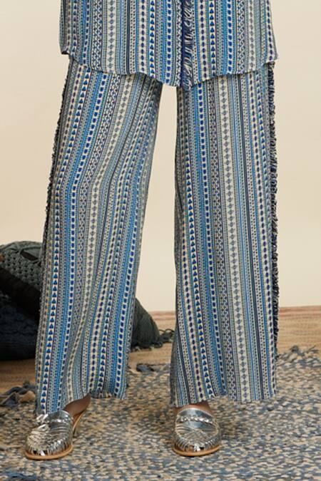 Shop_Sva By Sonam & Paras Modi_Blue Crepe Printed And Embellished Boho Stripe & Thread Shirt & Pant Set_Online_at_Aza_Fashions