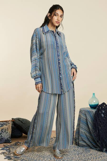 Sva By Sonam & Paras Modi_Blue Crepe Printed And Embellished Boho Stripe & Thread Shirt & Pant Set_at_Aza_Fashions