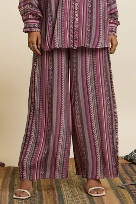 Sva By Sonam & Paras Modi_Purple Crepe Print Boho Stripe Collar Shirt And Pant Set_Online_at_Aza_Fashions