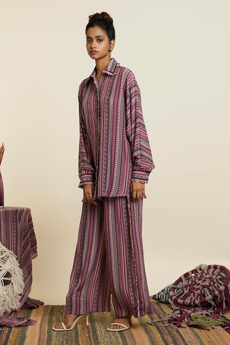 Buy_Sva By Sonam & Paras Modi_Purple Crepe Print Boho Stripe Collar Shirt And Pant Set_Online_at_Aza_Fashions