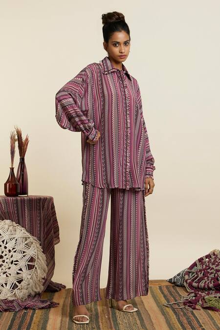 Shop_Sva By Sonam & Paras Modi_Purple Crepe Print Boho Stripe Collar Shirt And Pant Set_Online_at_Aza_Fashions