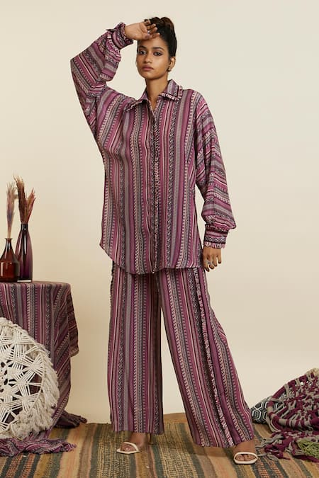 Sva By Sonam & Paras Modi_Purple Crepe Print Boho Stripe Collar Shirt And Pant Set_at_Aza_Fashions