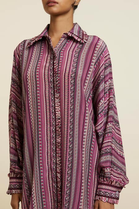 Buy_Sva By Sonam & Paras Modi_Purple Crepe Print Boho Stripe Collar Shirt And Pant Set