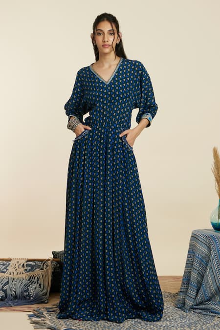 SVA by Sonam & Paras Modi Blue Crepe Print Geometric V Dolman Sleeves Jumpsuit 