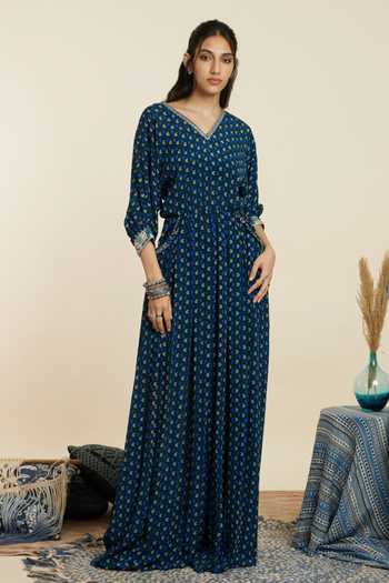 Sva By Sonam & Paras Modi_Blue Crepe Print Geometric V Dolman Sleeves Jumpsuit_Online_at_Aza_Fashions