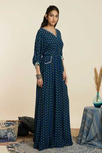 Buy_Sva By Sonam & Paras Modi_Blue Crepe Print Geometric V Dolman Sleeves Jumpsuit_Online_at_Aza_Fashions